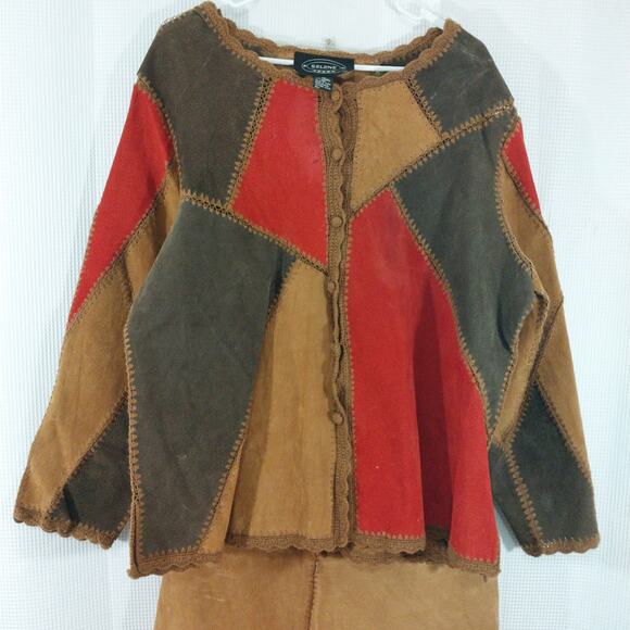 SELENE! GENUINE SUEDE LEATHER! RED, AMBER & BROWN PATCHWORK SKIRT SET! SZ 2X - Picture 3 of 12